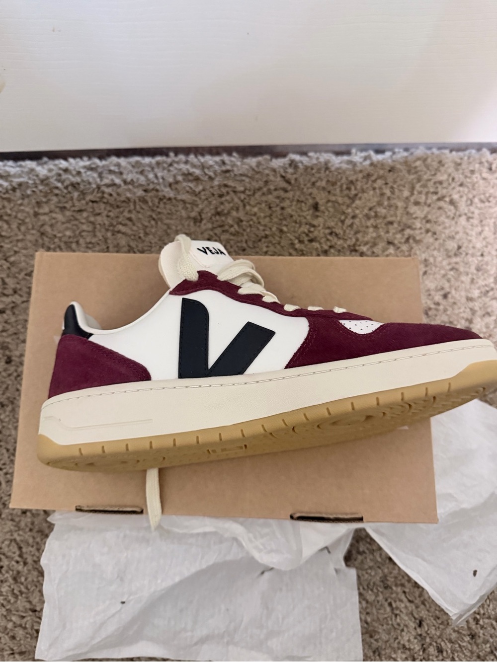 Veja Burgundy Suede & White Leather Sneakers with Black V